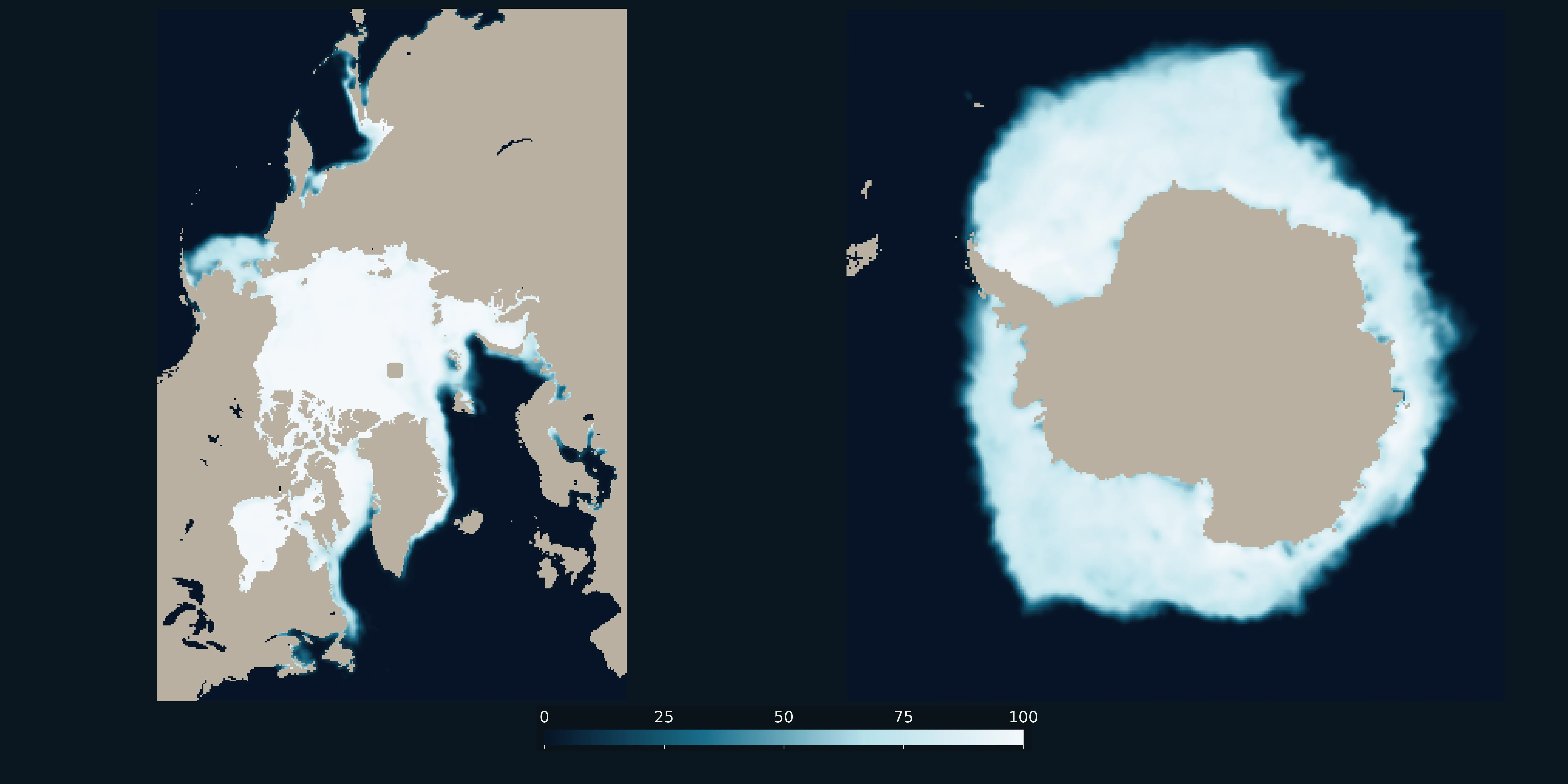 Sea-ice concentration for a recent Arctic March and Antarctic September, side by side. Frozen ocean cover, not surface temperature and not land ice.