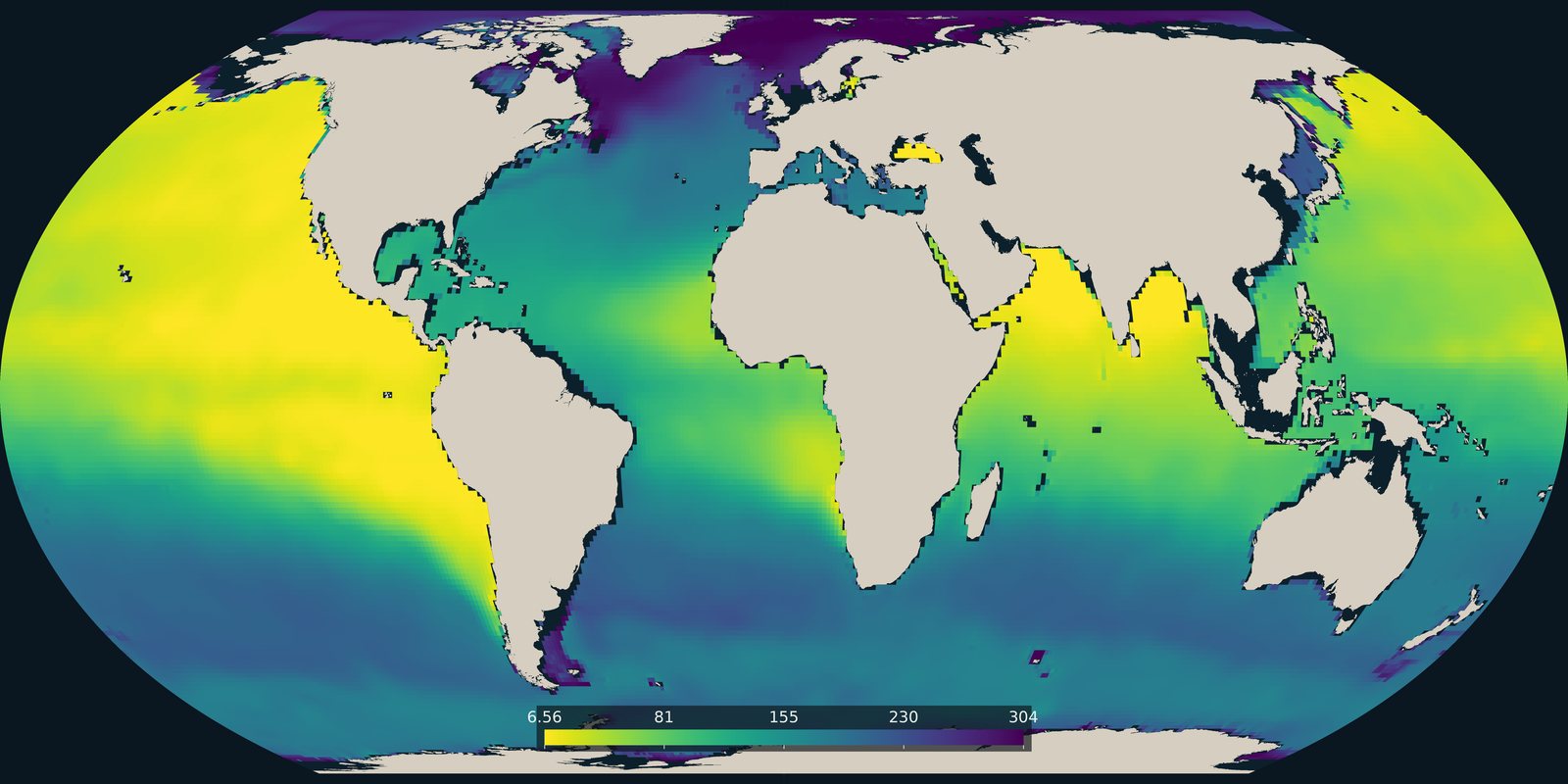 The lowest dissolved oxygen between 100 and 1000 metres in the World Ocean Atlas 2023 climatology. Open-ocean oxygen, not the coastal dead-zone pins on Pollution.