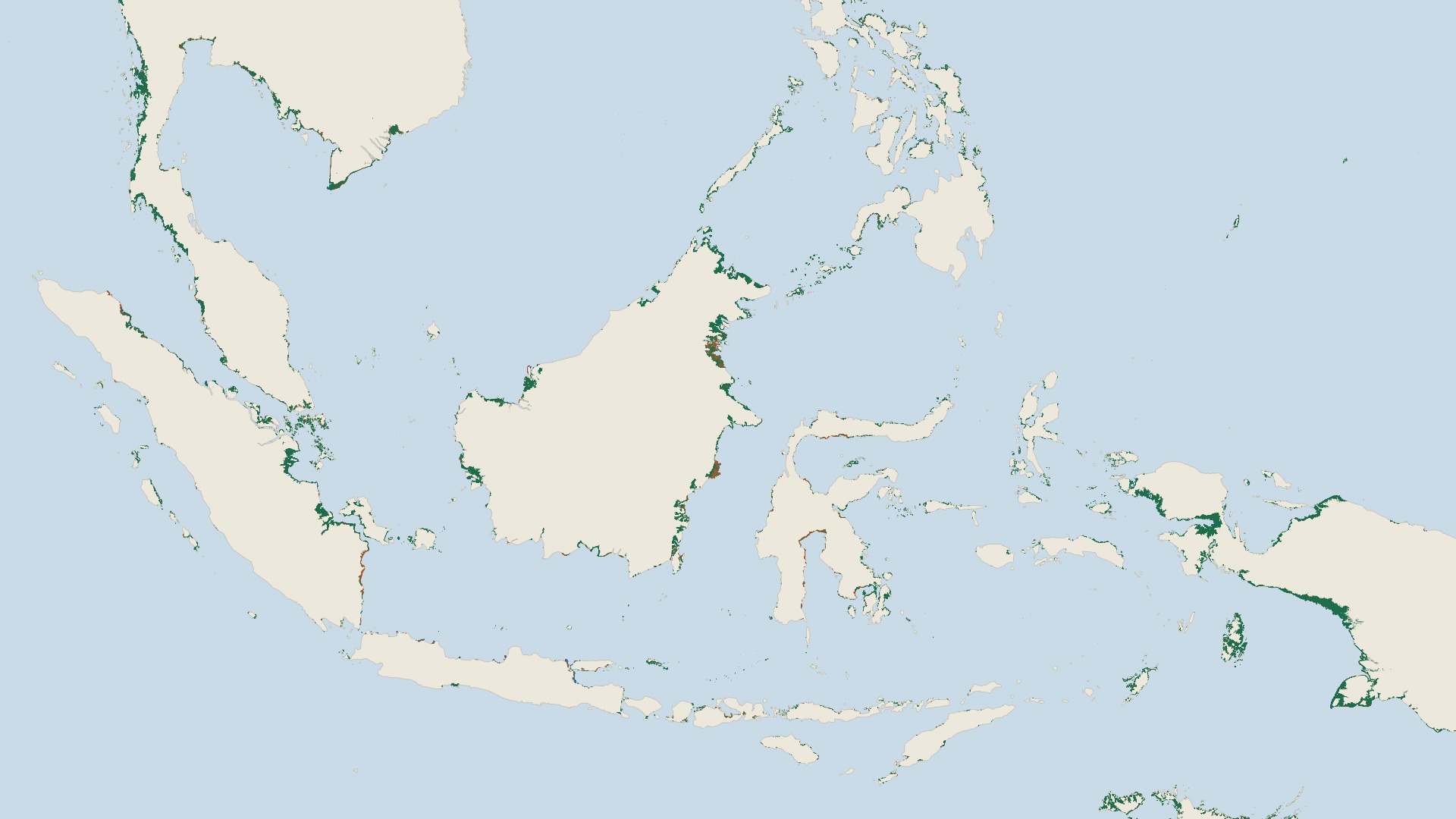Where mangrove forests grow along tropical coasts and how their area has changed over four decades. Global Mangrove Watch reports a net gain of 47,707 hectares worldwide from 1985 to 2025, with large losses in some countries and gains in others.