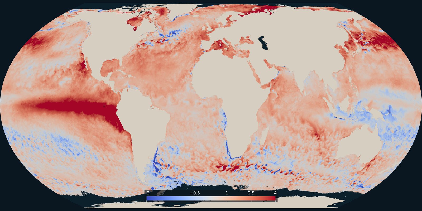 Where the sea surface was warmer or cooler than usual on 25 September 2026. A temperature anomaly from NOAA Coral Reef Watch, not a classified heatwave category.