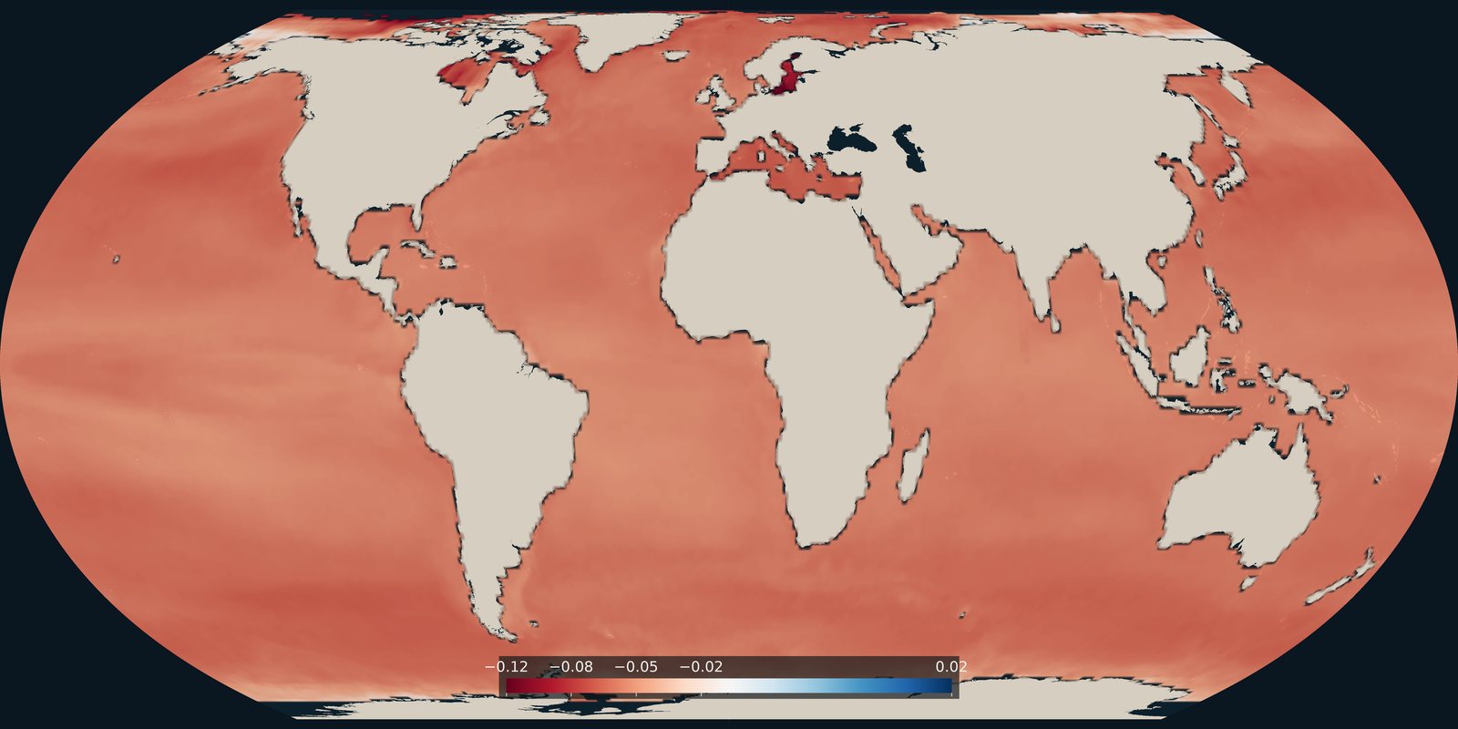 How much surface-ocean pH changed from the late 1980s to the early 2020s. A carbonate-chemistry trend, not temperature and not a pollution map.