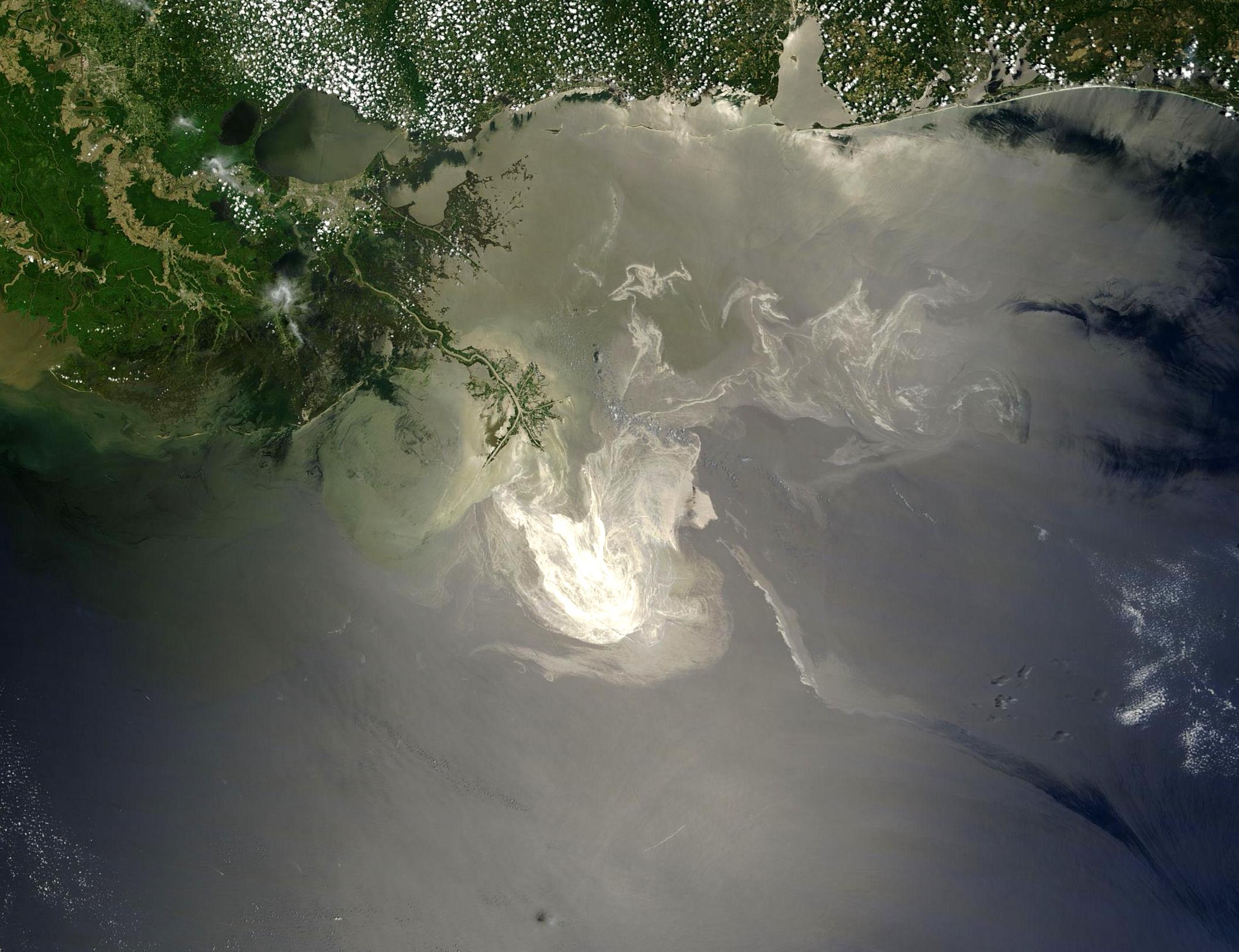 Satellite view of the Gulf of Mexico with a dark oil slick south of the Mississippi Delta, May 2010