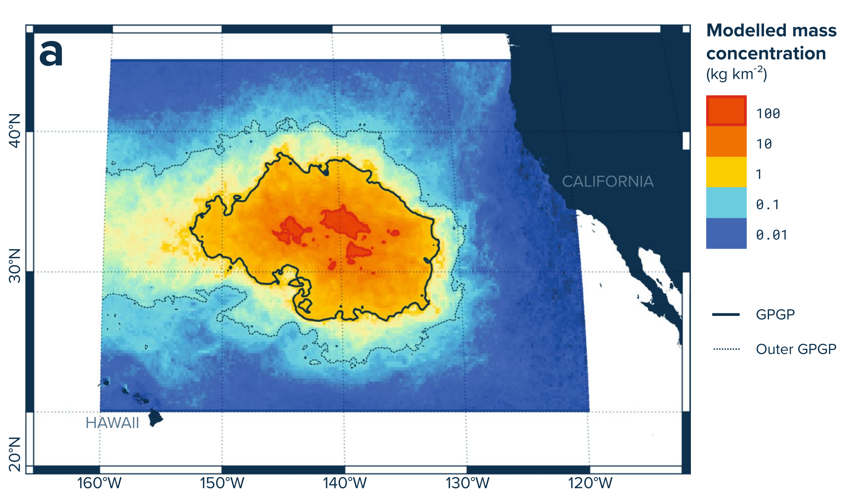 Contour map of modelled plastic mass concentration between Hawaii and California, red core labeled GPGP