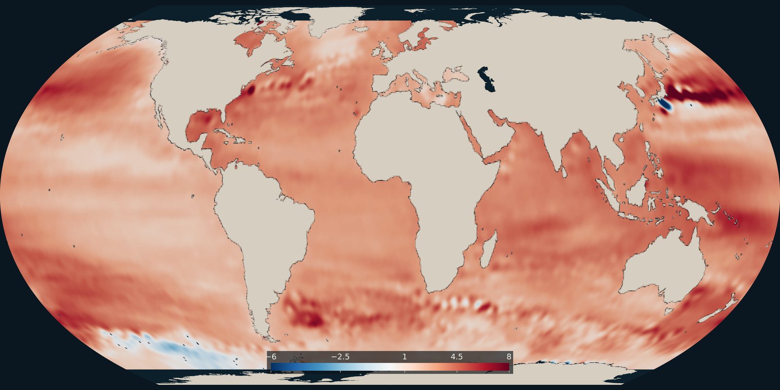 Where the ocean surface is rising faster or more slowly, in millimetres per year. The global average cited on this site comes from the NASA Sea Level Change Portal.