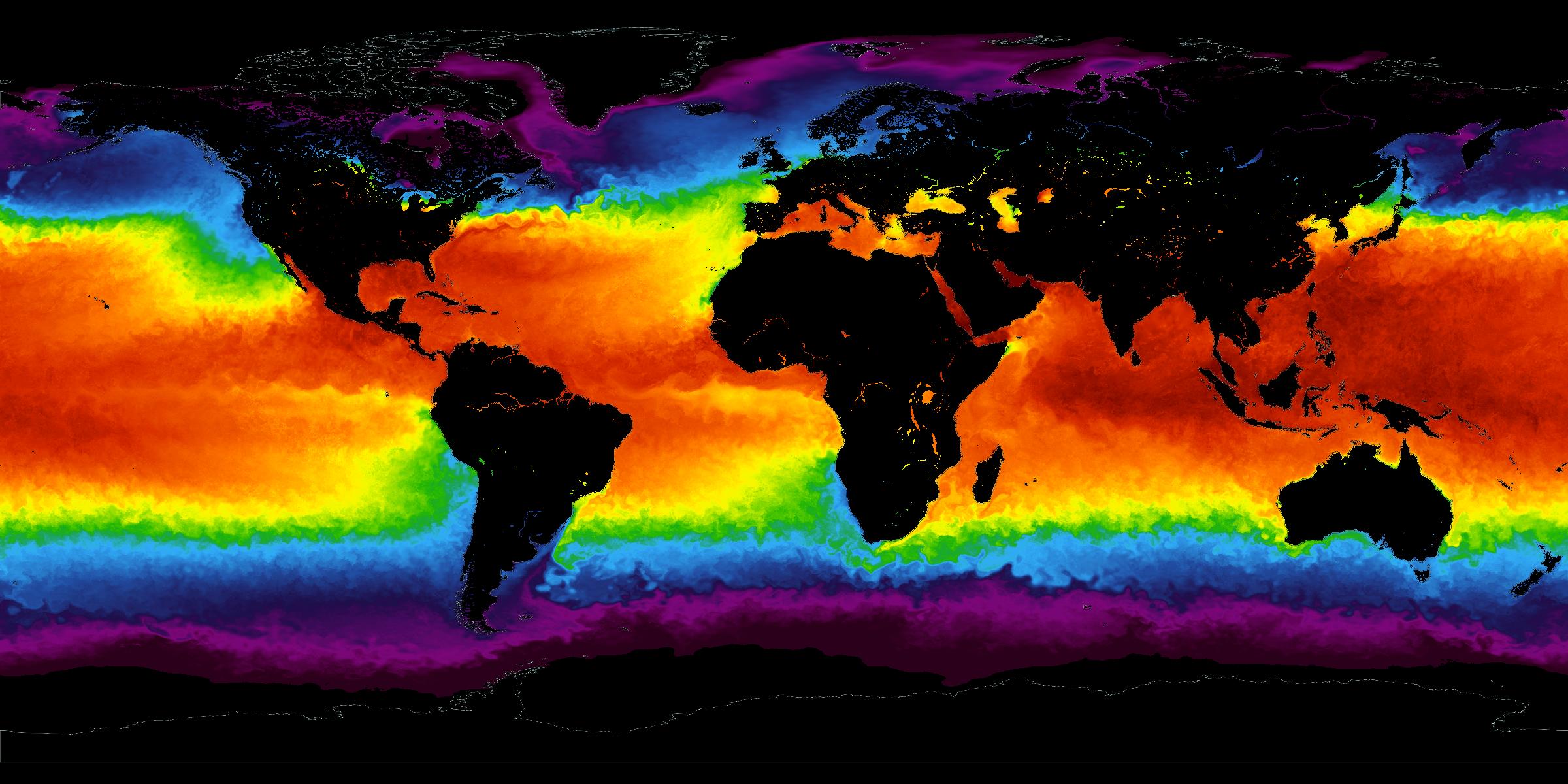 Equirectangular world map of sea-surface temperature, 1 July 2025: red tropics, purple polar oceans, black land