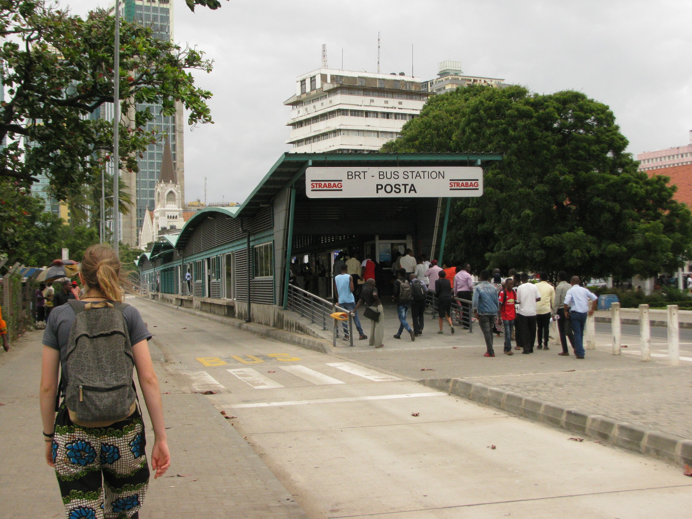 Posta station on the bus rapid transit line in Dar es Salaam, with platforms beside lanes reserved for the buses