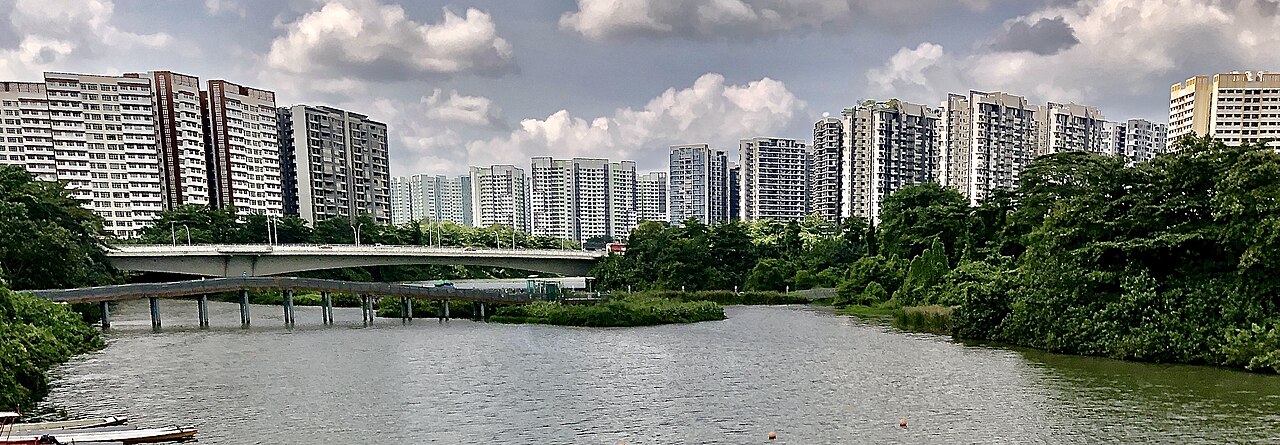 Sengkang Floating Wetland in Singapore: a planted mid-channel strip in a reservoir, with a bridge and high-rises beyond