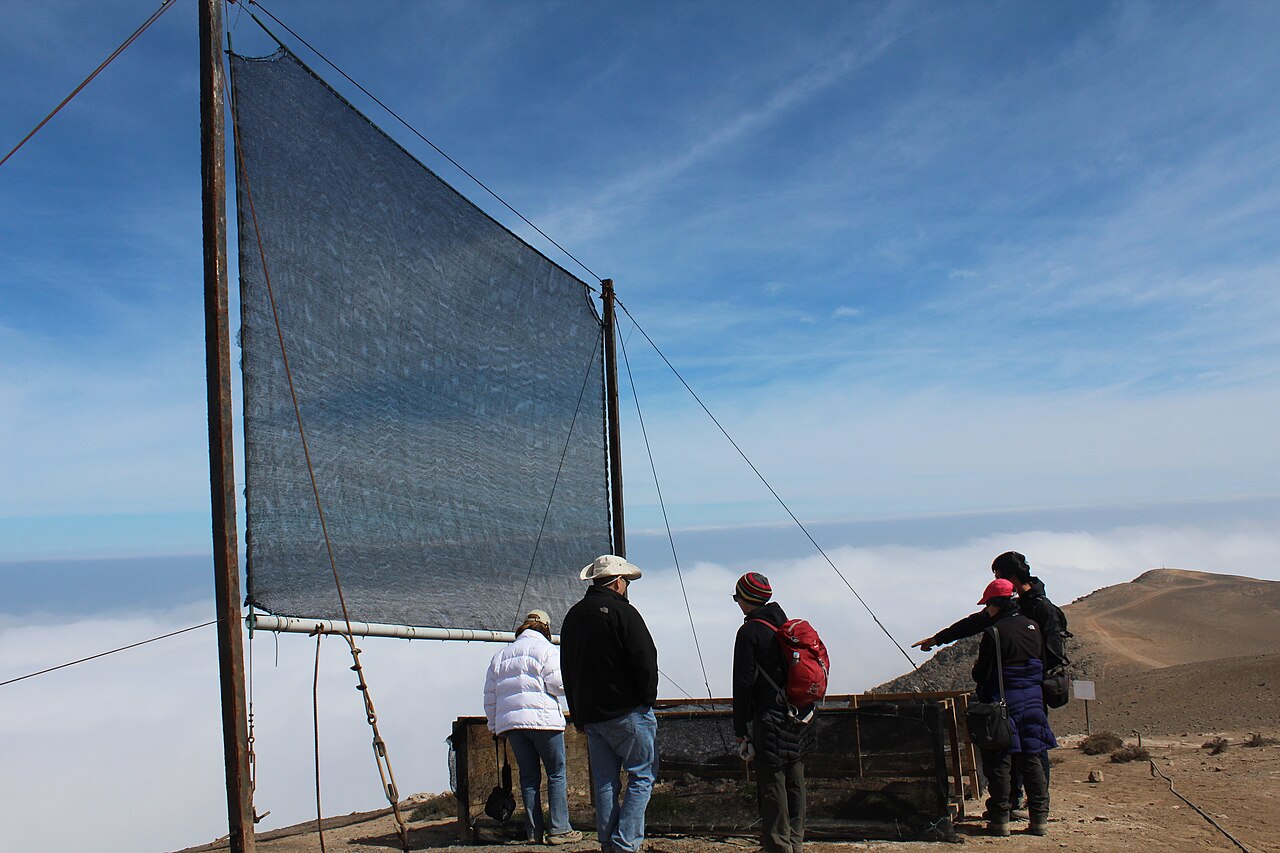 A rectangular mesh fog collector on a dry ridge at Alto Patache, Chile, with people standing beside it above the cloud layer