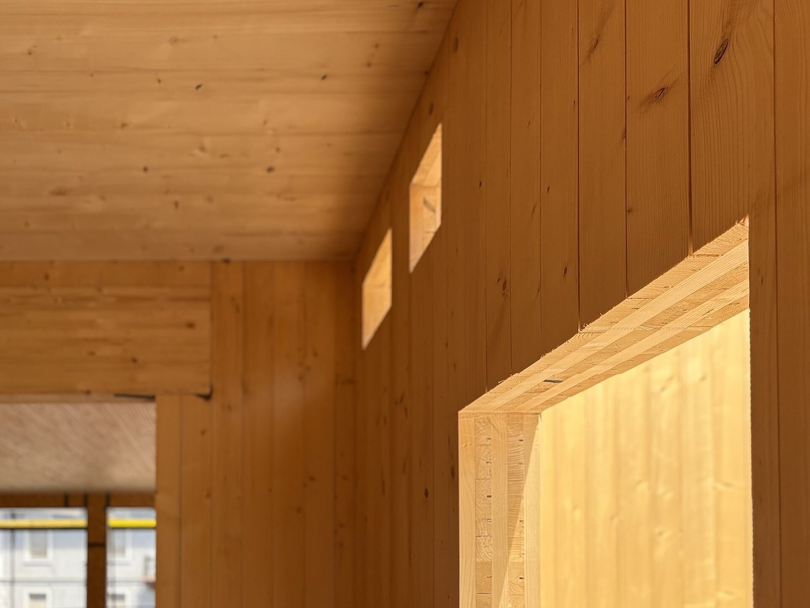 Interior of a building constructed from cross-laminated timber panels.