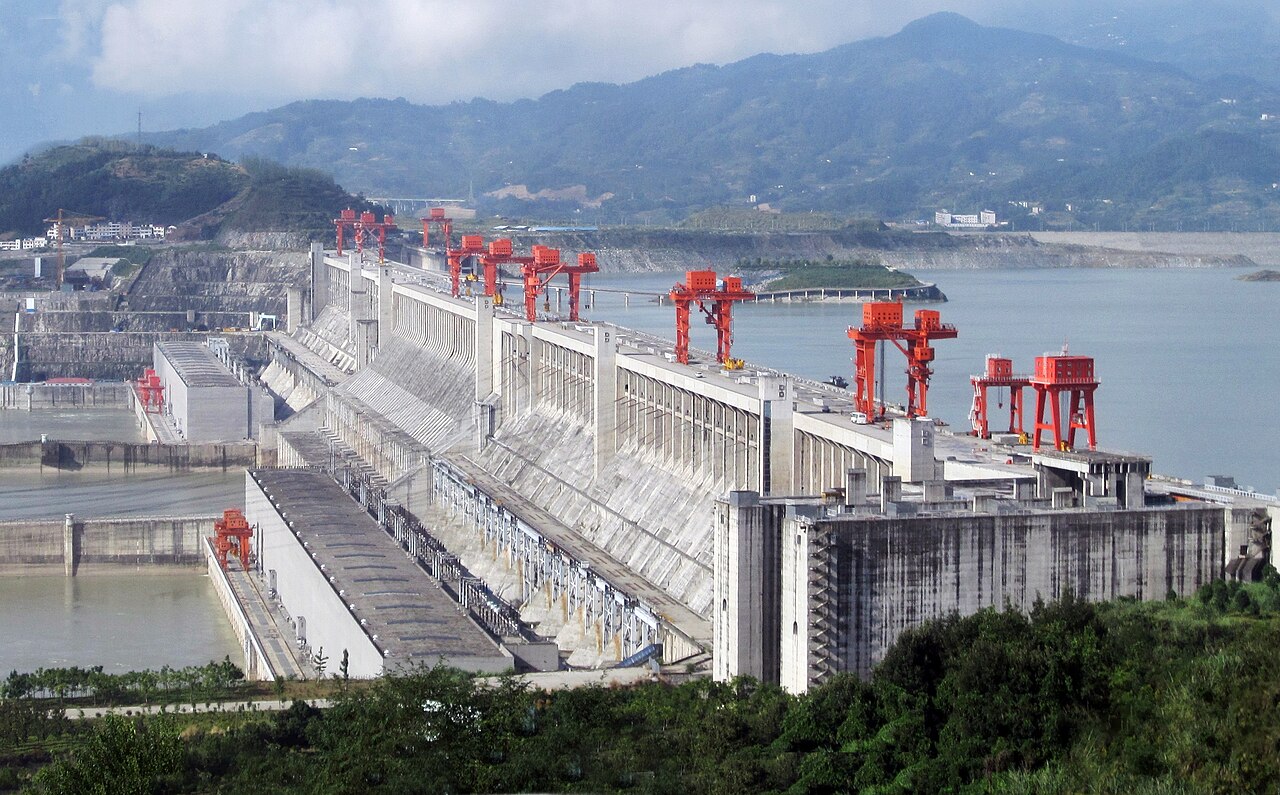Three Gorges Dam on the Yangtze: the concrete dam wall and spillway with the reservoir upstream