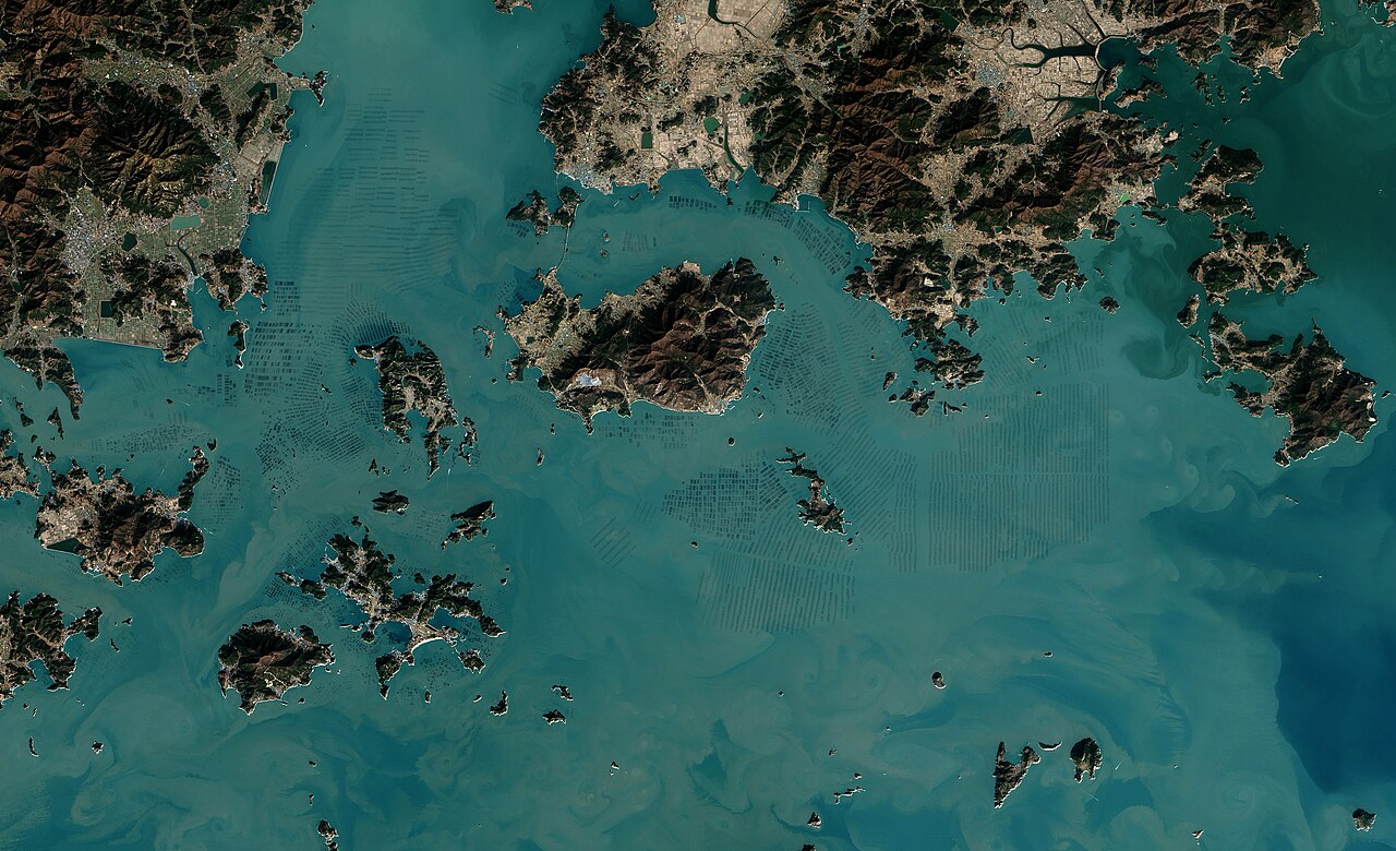 Satellite view of rectangular seaweed-farm plots in coastal water among South Korean islands