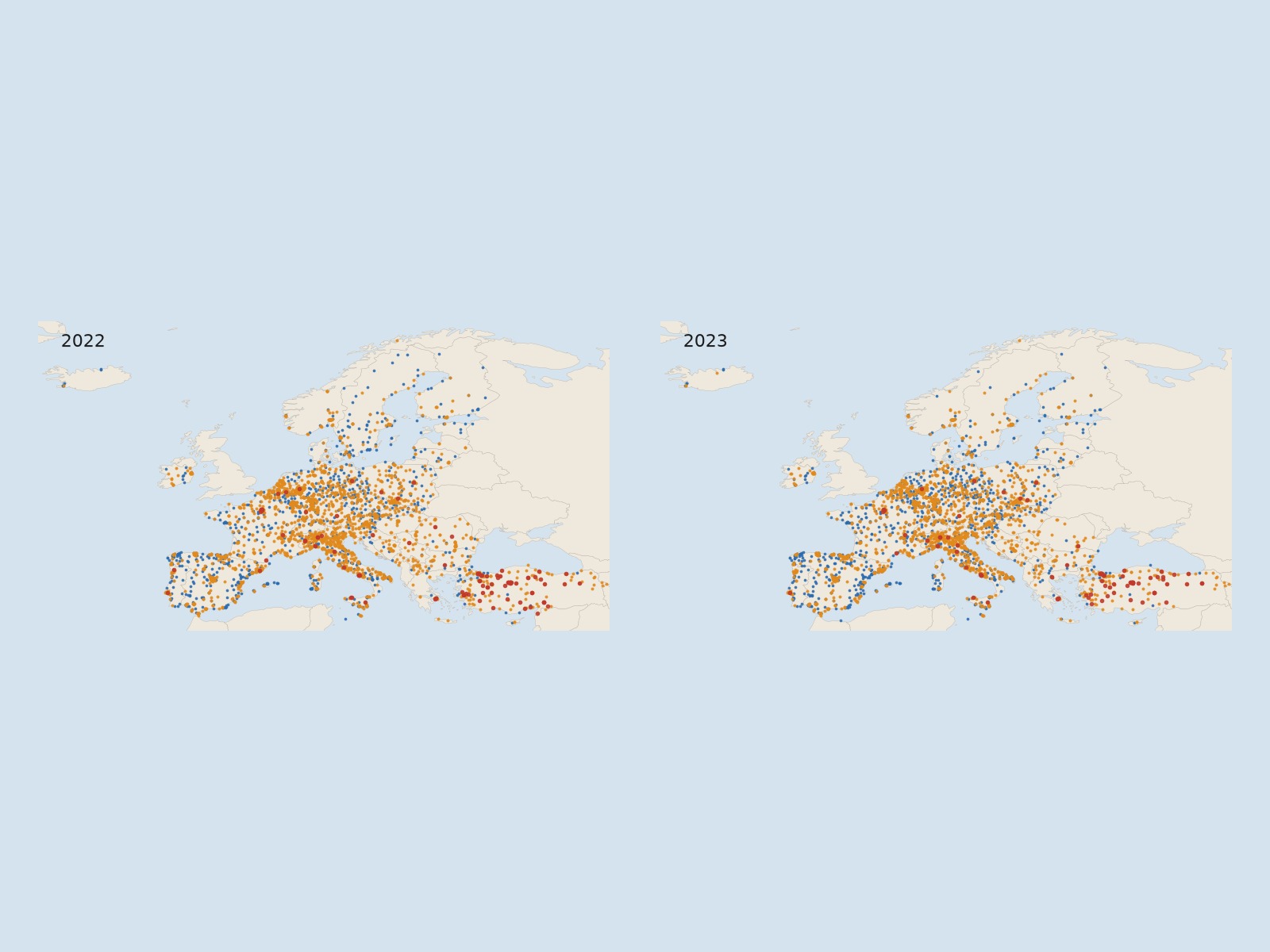 Map of monitoring stations in Europe coloured by annual mean nitrogen dioxide in 2022 and in 2023