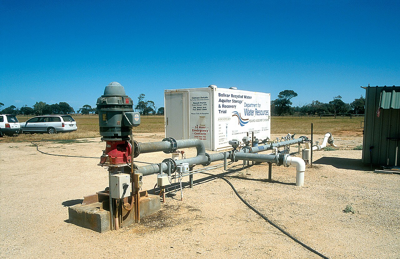 Pipes, a pump, and a labeled container at the Bolivar recycled-water aquifer storage and recovery trial in South Australia