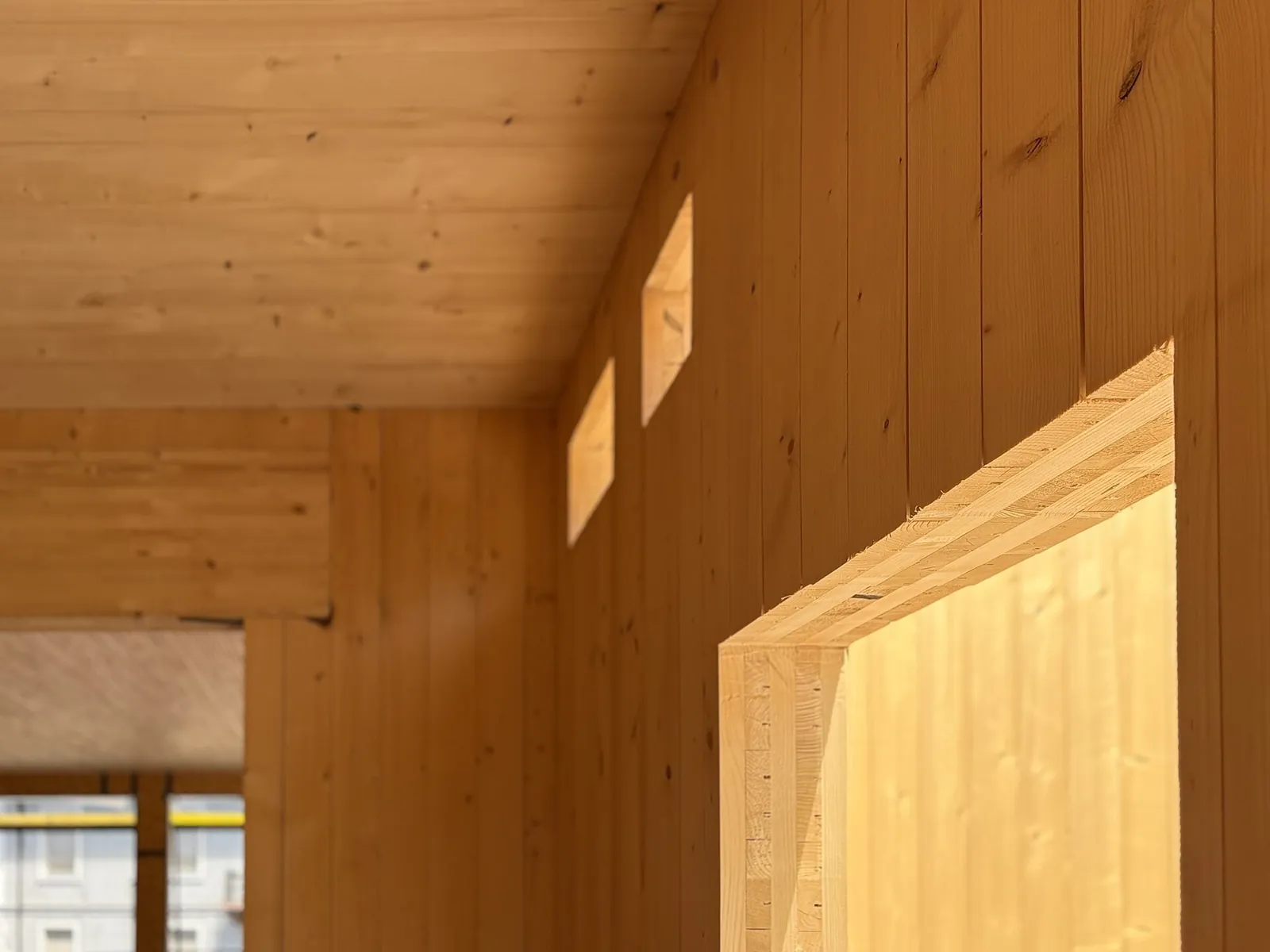 Interior of a building constructed from cross-laminated timber panels.