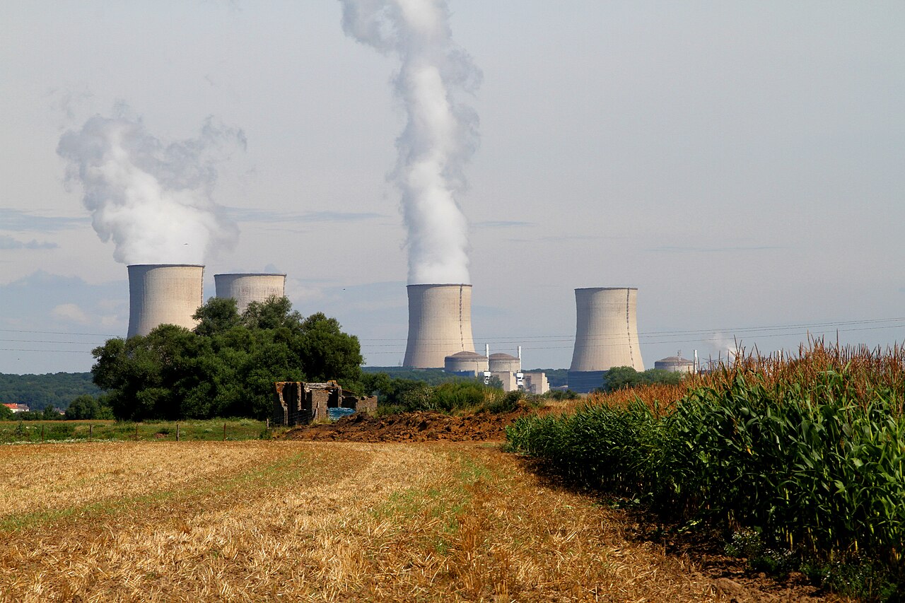 Cattenom nuclear power plant: four operating reactor units and cooling towers beside the Moselle