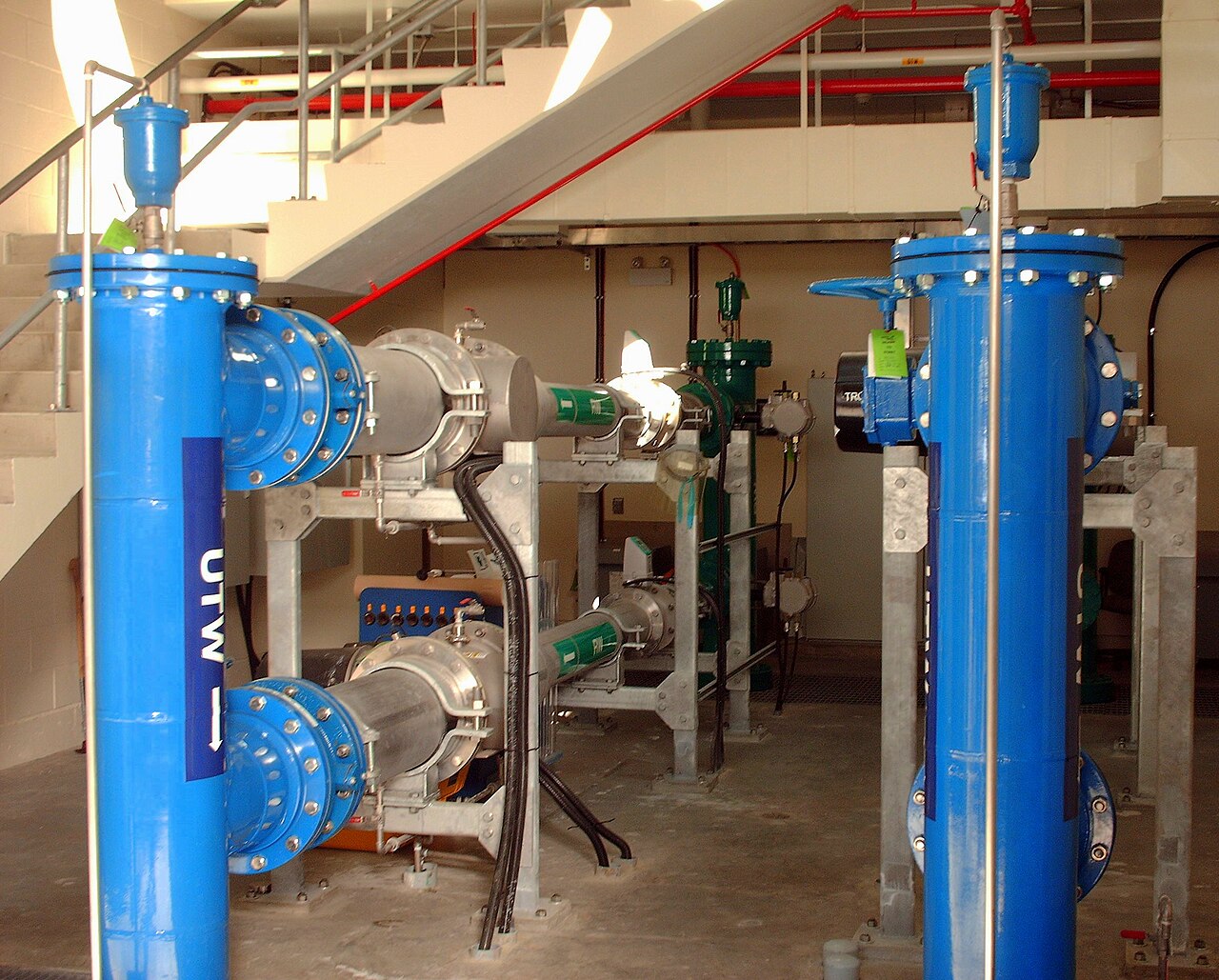 Pipe gallery inside the Sooke River Road ultraviolet disinfection plant in British Columbia, a drinking-water works