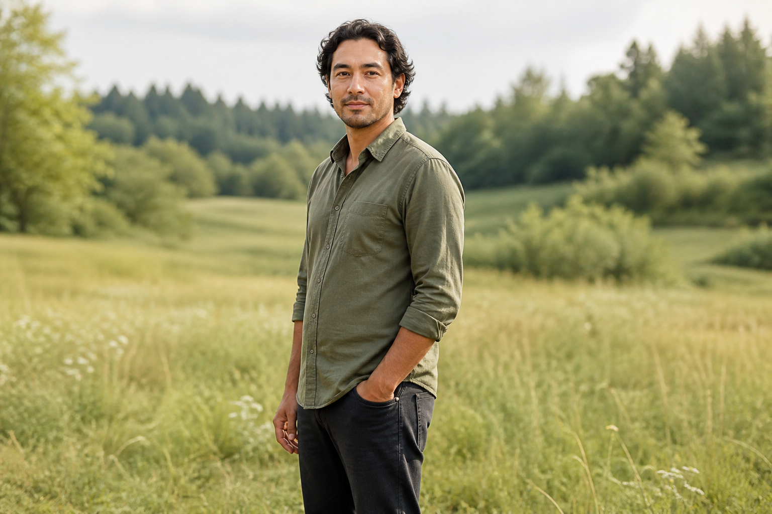 A modern adult human standing in a meadow, a respectful naturalistic figure representing Homo sapiens — not a portrait of a named person