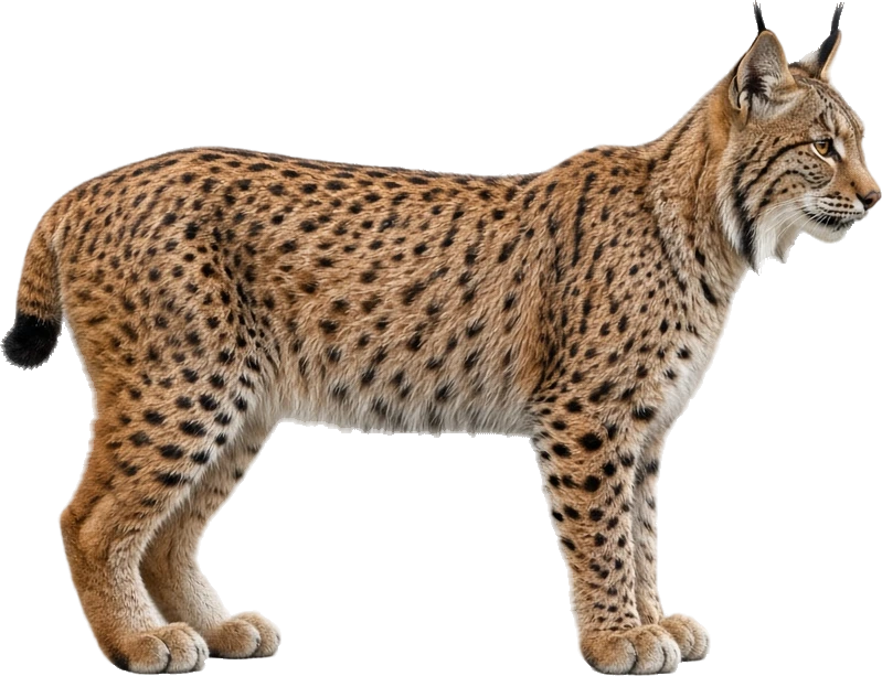 An Iberian lynx in profile, with tufted ears, a ruff of fur on the cheeks and a short tail with a black tip